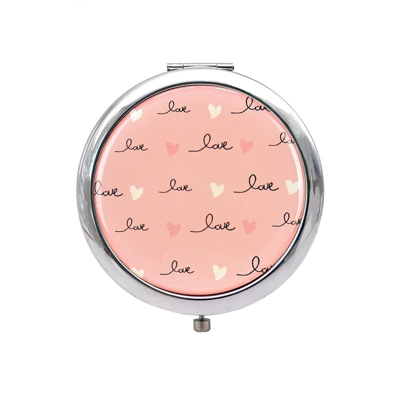 Twin Mirror Compact Case, Dual Strengths, Pink Cover, "Love" & Hearts Theme