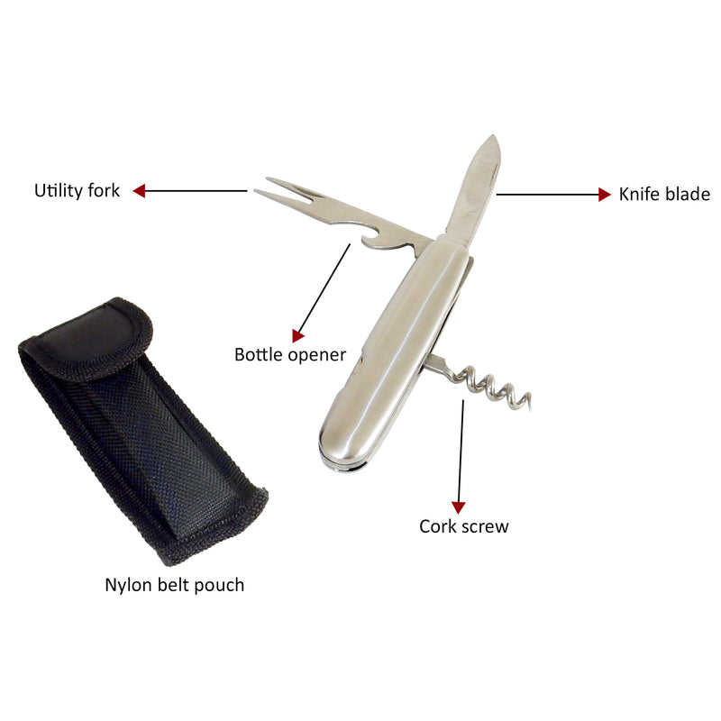 Knife-Multi-function Tool with Pouch, Blade, Corkscrew, Bottle Opener, Fork