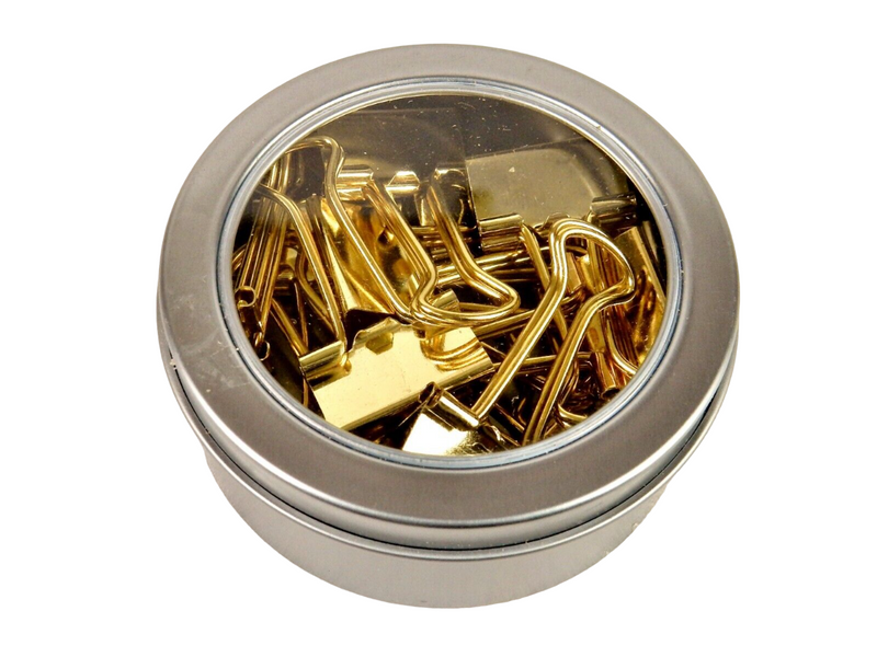 12 Pack Gold Binder Clips, 3/4", Round Magnetic See-Thru Slip-Cover Tin.