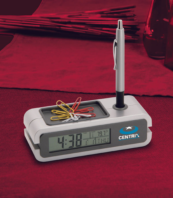 Desktop Caddy W/pen Holder Magnetic Storage Tray, Alarm Clock, Cal, Temp