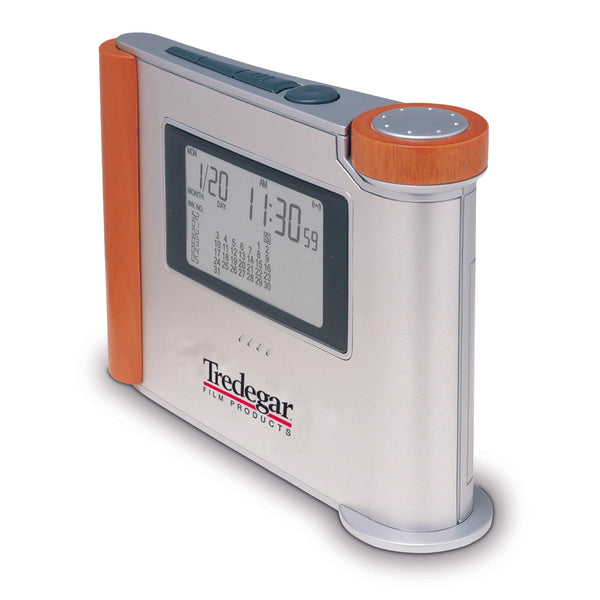Alarm Clock With Aluminum Front Panel. Jumbo LCD Displays Full Month Calendar