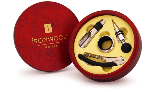 Attractive Round Wood Box Inc. Wine Stopper, Pourer, Corkscrew & Collar.