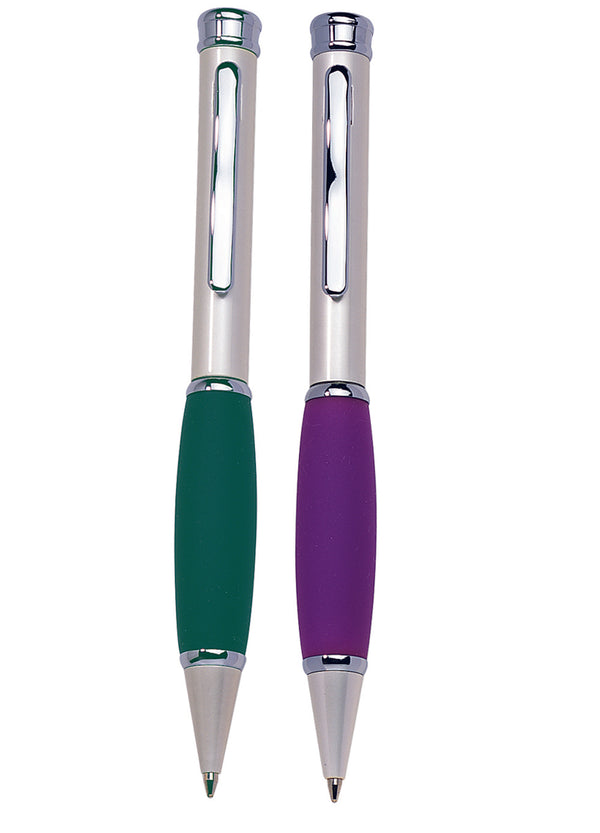Ball Point Pen In Satin Chrome With Rubber Grip
