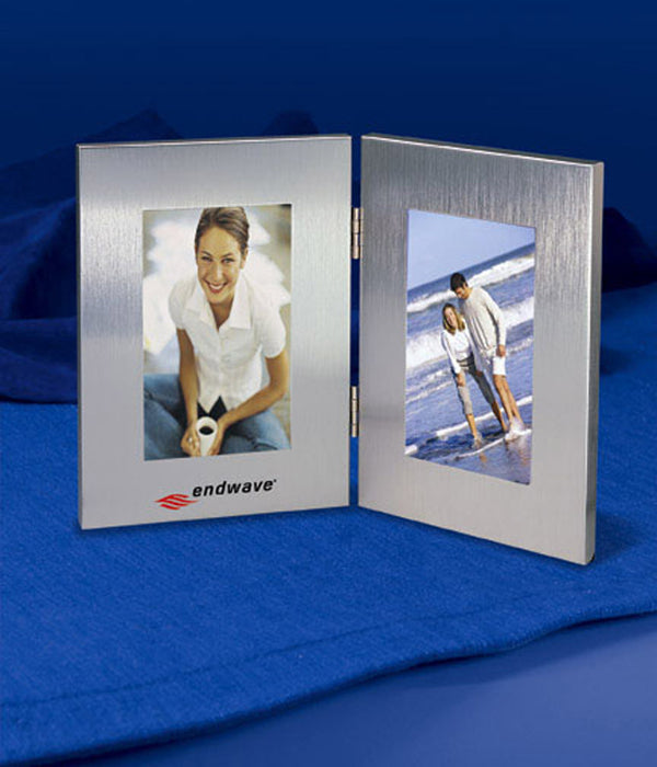 Brushed Aluminium Hinged Photo Frame. Holds Two 3 1/2" X 5 Photos
