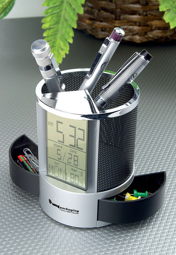 Clock Pen Stand With Black Mesh Accents.