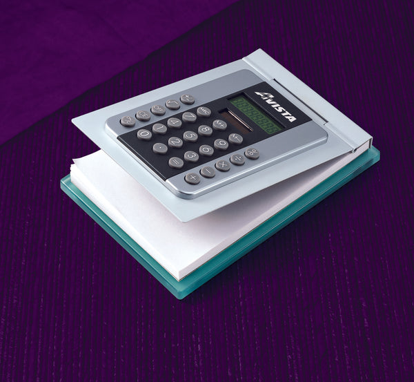 Dual Power, Eight Digit Calculator Mounted On Aluminum Covered Notepad