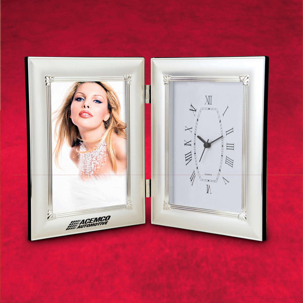 Folding Metal Satin Chrome Photo Frame With Analog Clock
