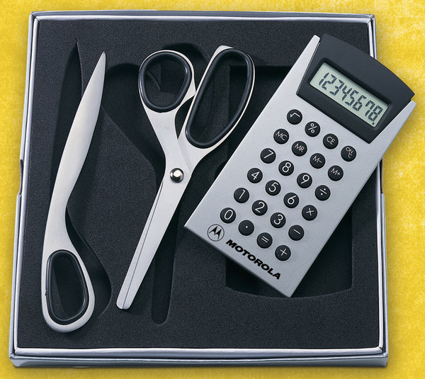 Gift Set Includes Satin Finish Calculator And Stainless Steel Scissors And Letter Opener