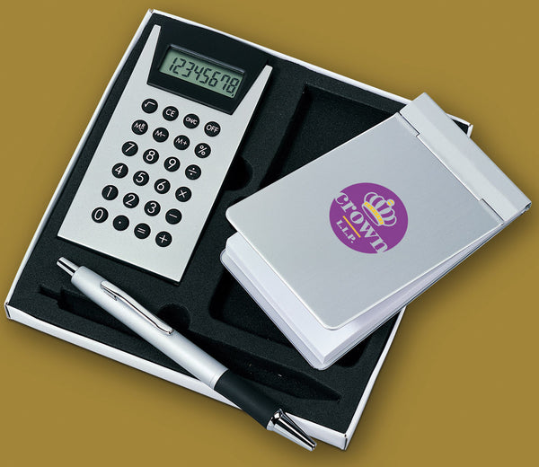 Gift Set With Satin Finish Ballpoint Pen, Calculator And Aluminum Cover Memo Pad