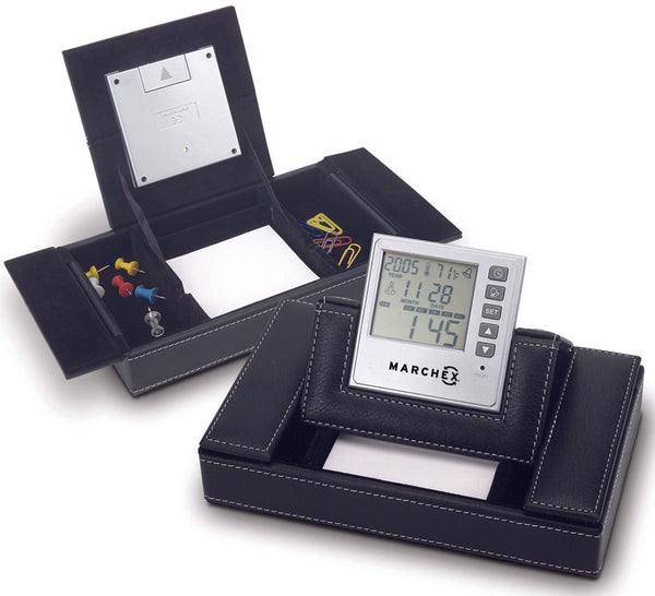 Leather-like Desktop Organizer  with world Time Alarm Clock, Notepad 2 Storage