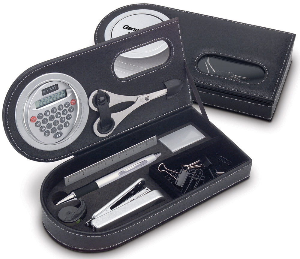 Leather Like Giftset Inc. Rotating Calc, Pen, Stapler, Staples, Ruler,