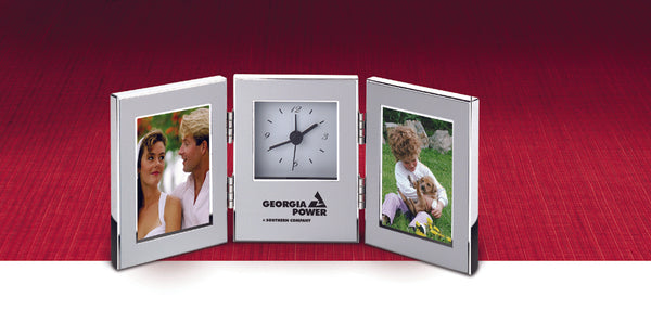 Satin Finish Aluminum Quartz Clock W/ Dual 2" X 3" Hinged Photo Frame