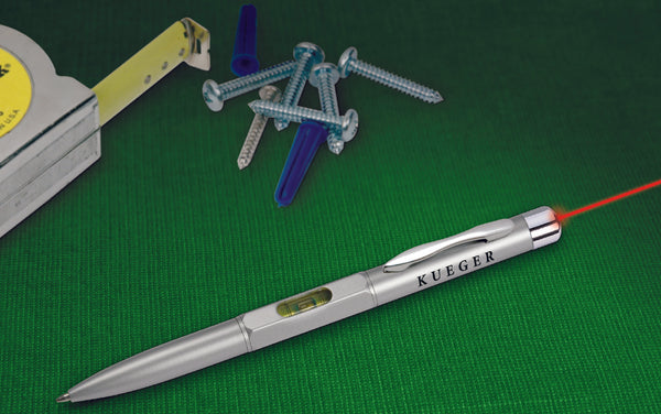 Satin Finish Laser Pointer With Chrome Accents, Pen, And Level