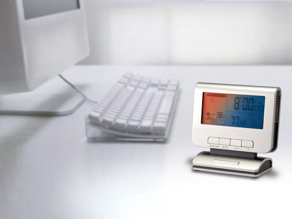 Silver Digital Alarm Clock With LCD Screen Changing Colors
