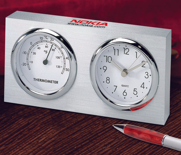 Solid Aluminum Desktop Clock And Thermometer With Shiny Chrome Bezels