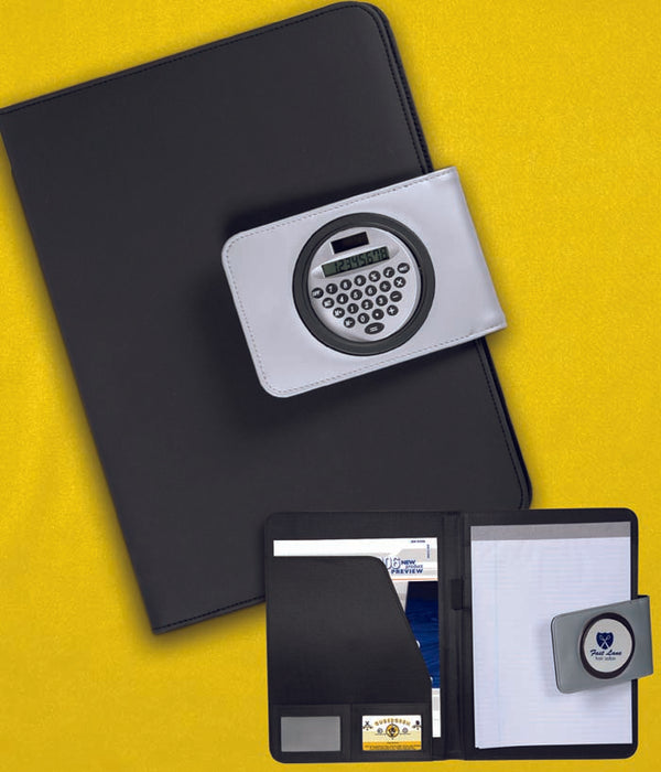 Stylish Two Tone Padfolio With Magnetic Closure, Rotating Calculator, Notepad, And Pen Holder