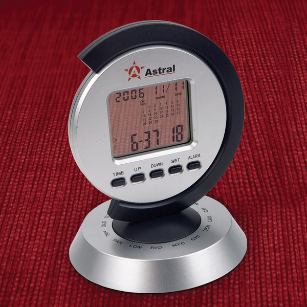 Transparent Display Alarm Clock & Calendar W/16 City Worldtime Rotating Tower