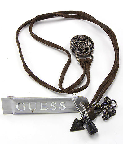 GUESS NECKLACE - BROWN LEATHER CORD WITH METAL PHOENIX MEDALLION