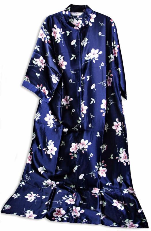 Caftan with Pink Spring Flower Design on Navy Satin