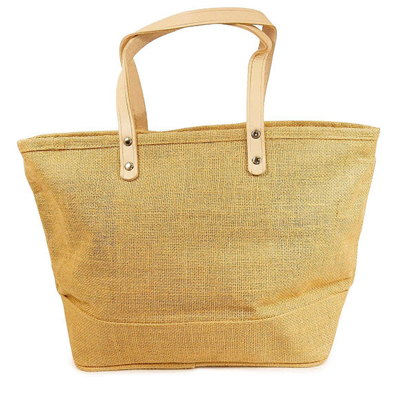 Jute Tote Bag With Leather Handles