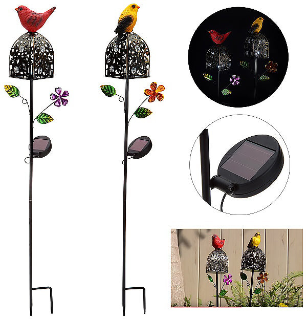 Bird on Cage Solar Stake Light - Set of 2