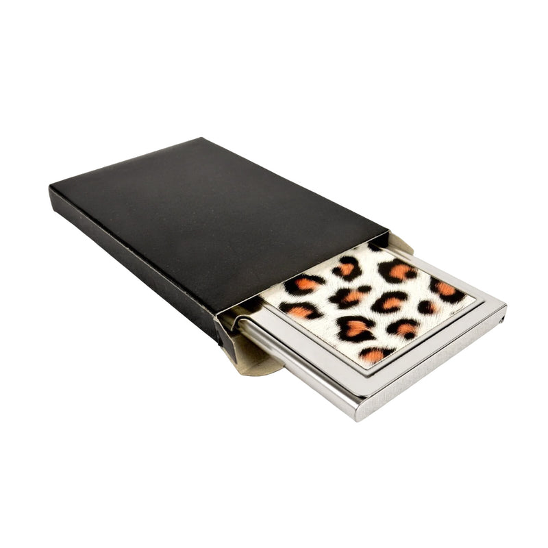 Ladies' Business Card Case, Leopard Print, Metal w/Hinged Lid.