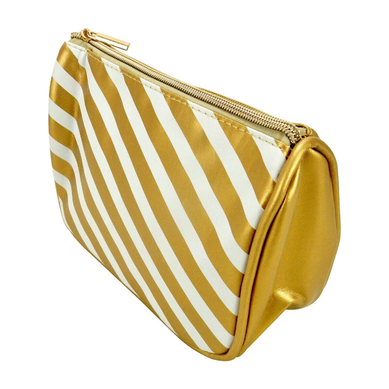 Open Cargo Cosmetic Bag, Nylon Shell, Gold & White Stripes, Zipper Closure.