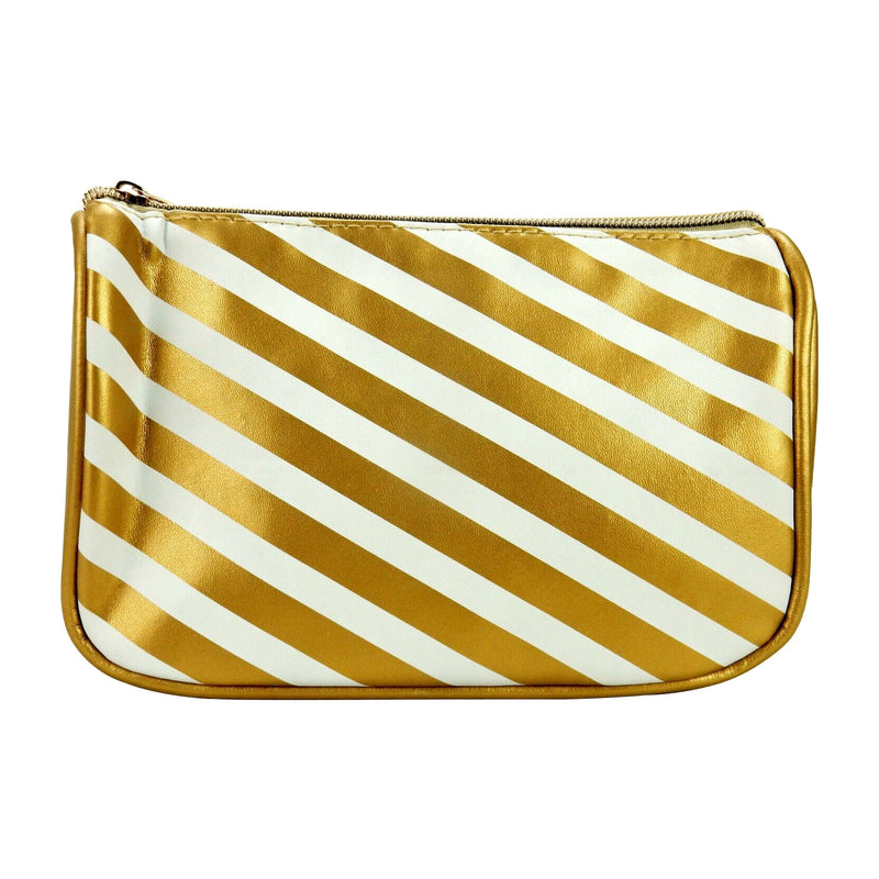 Open Cargo Cosmetic Bag, Nylon Shell, Gold & White Stripes, Zipper Closure.
