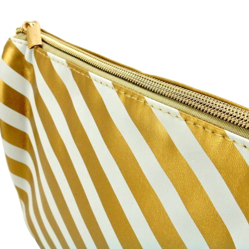 Open Cargo Cosmetic Bag, Nylon Shell, Gold & White Stripes, Zipper Closure.