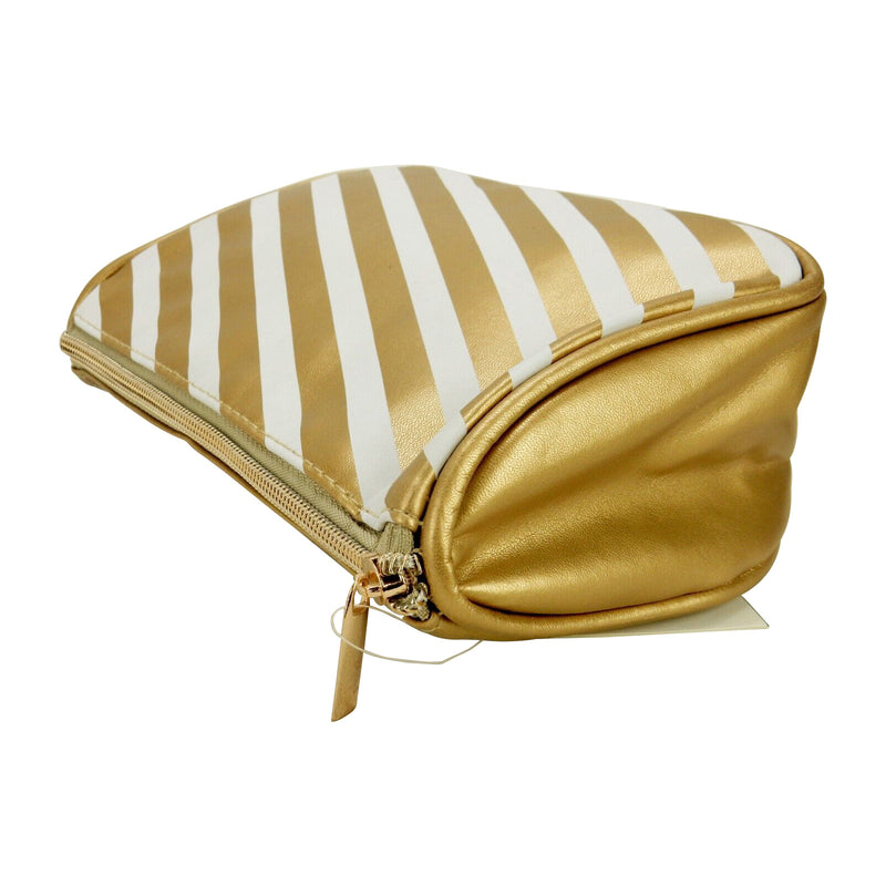 Open Cargo Cosmetic Bag, Nylon Shell, Gold & White Stripes, Zipper Closure.