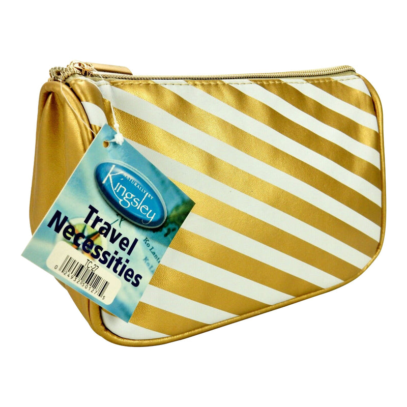 Open Cargo Cosmetic Bag, Nylon Shell, Gold & White Stripes, Zipper Closure.