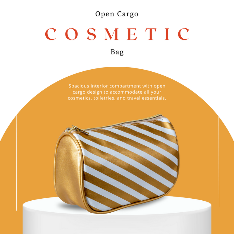 Open Cargo Cosmetic Bag, Nylon Shell, Gold & White Stripes, Zipper Closure.