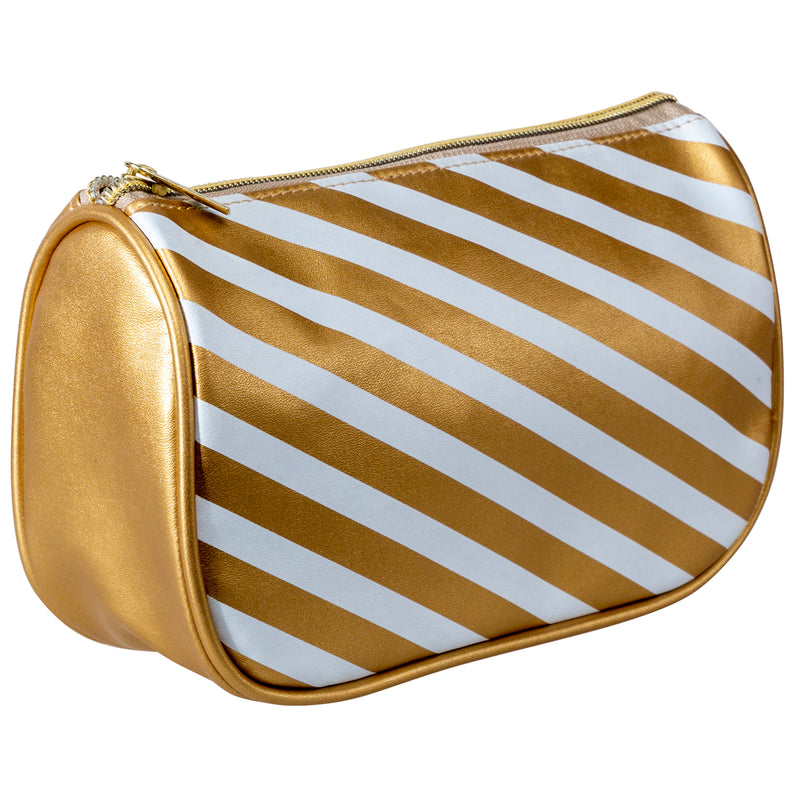 Open Cargo Cosmetic Bag, Nylon Shell, Gold & White Stripes, Zipper Closure.