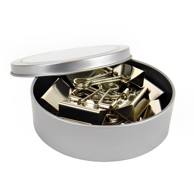 12 Pk Silver Tone Binder Clips, 1", Round Magnetic Tin w/See-Thru Cover.