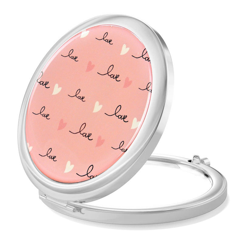Twin Mirror Compact Case, Dual Strengths, Pink Cover, "Love" & Hearts Theme