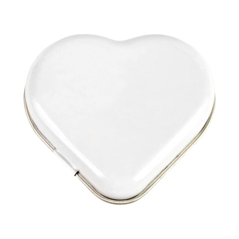 2" Pocket Tin, White Heart Shape, Hinged Lid, Jewelry, Coins, Candy/Mints.
