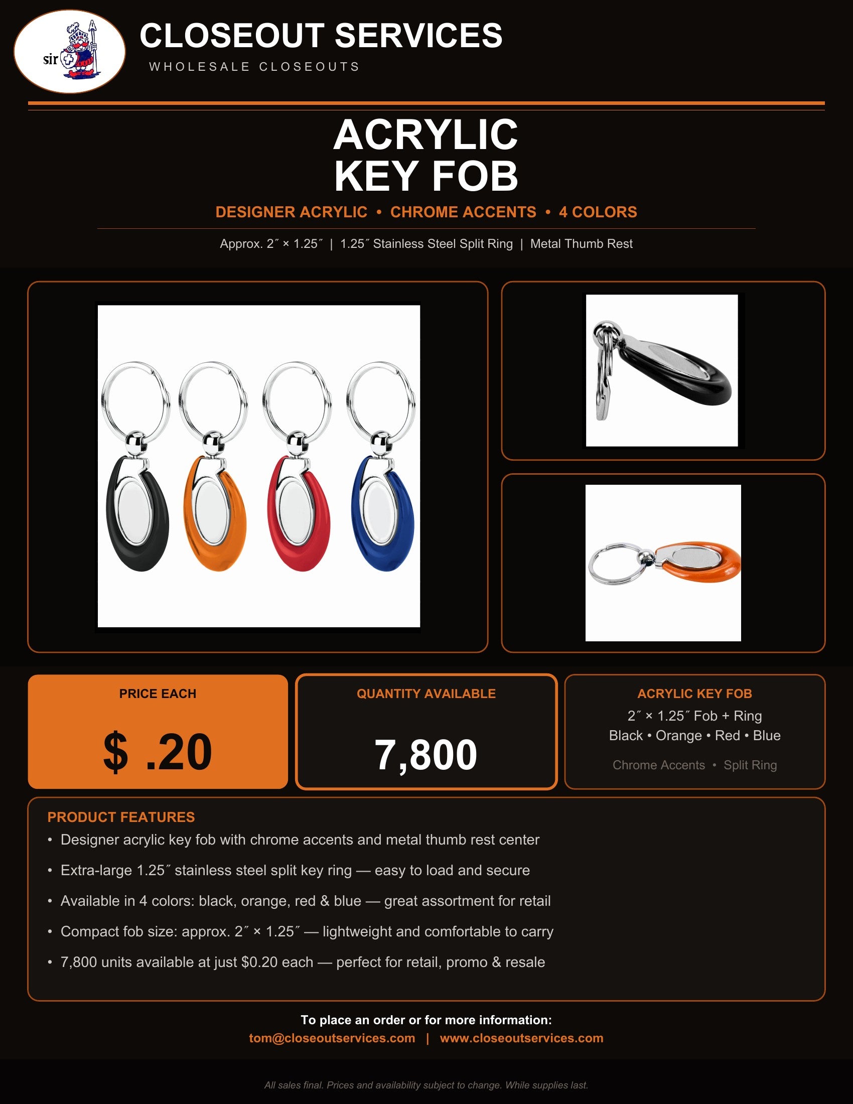 Acrylic Key Fob — Wholesale Closeout | $.20 Each