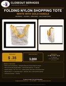 Folding Nylon Shopping Tote — White w/ Gold Handle