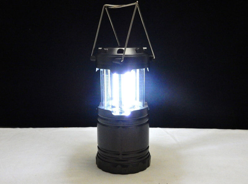CoB LED Lantern, Gun Metal Plastic, Hang Handles, AA Battery Power.