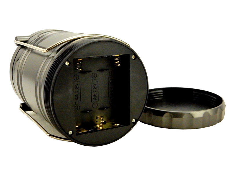 CoB LED Lantern, Gun Metal Plastic, Hang Handles, AA Battery Power.