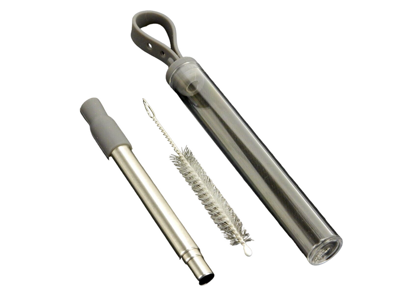 Reusable Metal Telescoping Straw with Case, Silicone Tip, and Cleaning Brush.