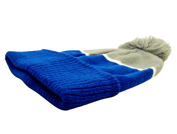 Knit Hat w/Pom, Royal Blue & Gray, Warm Winter Head Gear, Unisex.