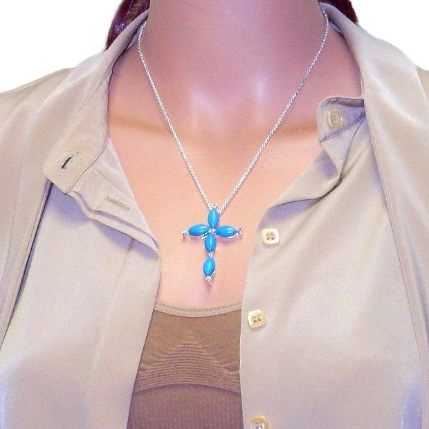 Winter Blue Faux Gemstones Cross Necklace