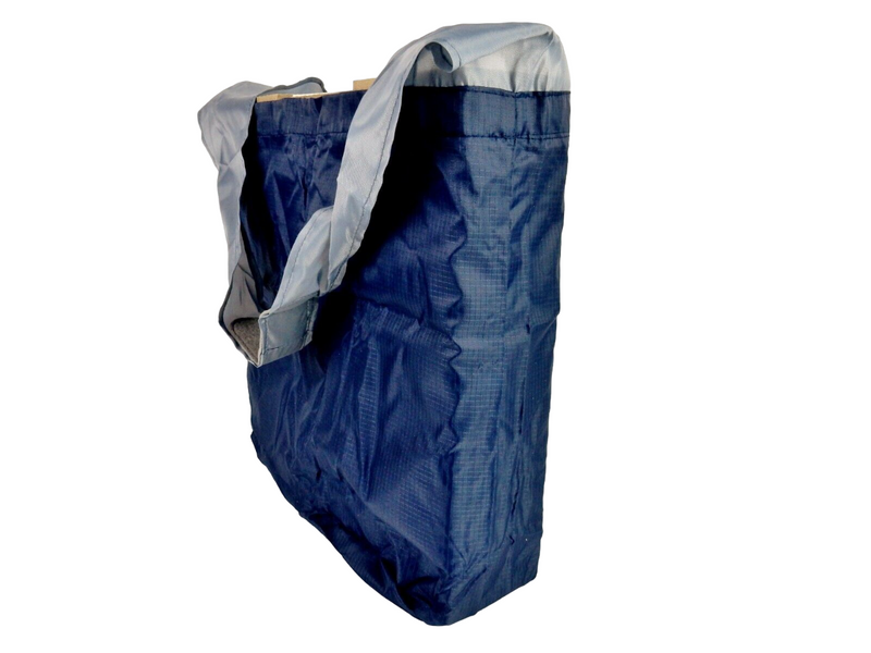 Folding Nylon Shopping Tote, Navy Blue w/Gray Handle, 13"x11"x5".
