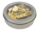 12 Pack Gold Tone Binder Clips, 1", Round Magnetic Tin w/See-Thru Cover.