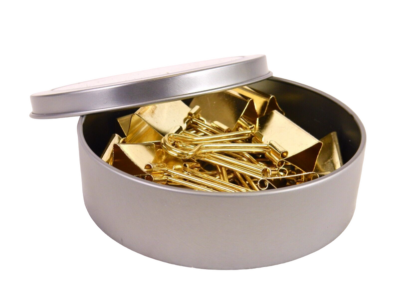 12 Pack Gold Tone Binder Clips, 1", Round Magnetic Tin w/See-Thru Cover.