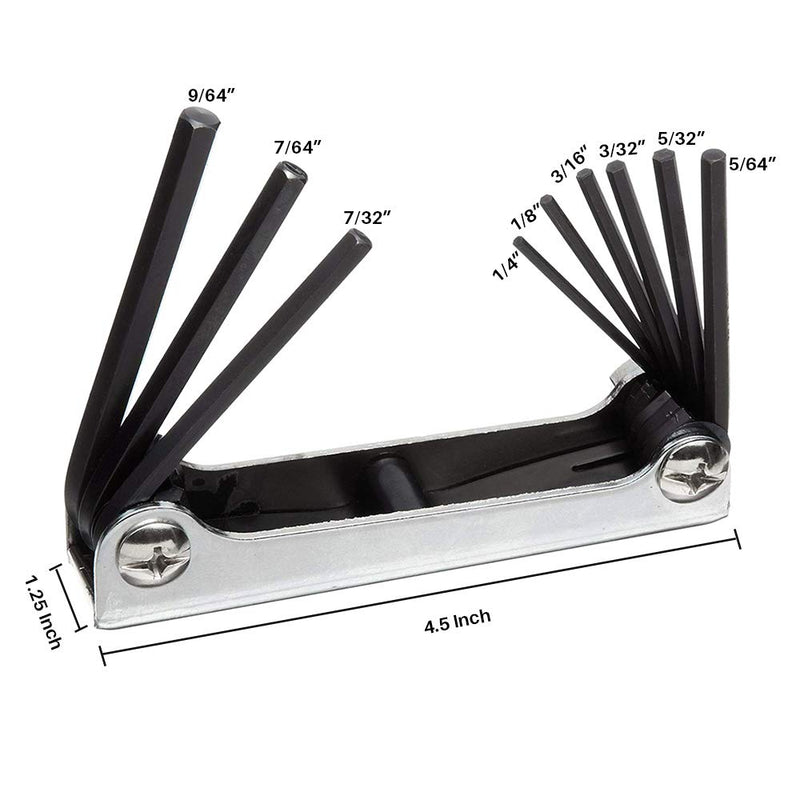 Folding Hex Wrench Key Set, 9-Pieces, Standard Inch Sizes 5/64-1/4