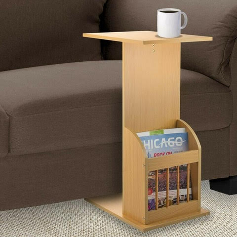 Sofa Side Table W/Magazine Rack, Light Brown, Slide-Under Snack Stand